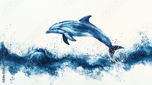 Artistic dolphin leaping over blue ocean waves, watercolor style painting capturing marine life and fluid motion photo