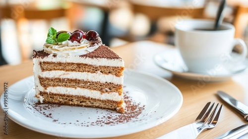 A slice of cake filled with coffee cream and chocolate layers is beautifully arranged next to a hot cup of coffee and a selection of pastries, creating a delightful caf? atmosphere