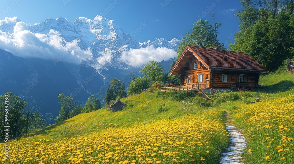 Fototapeta premium Scenic mountain landscape with a charming wooden house and flowers.
