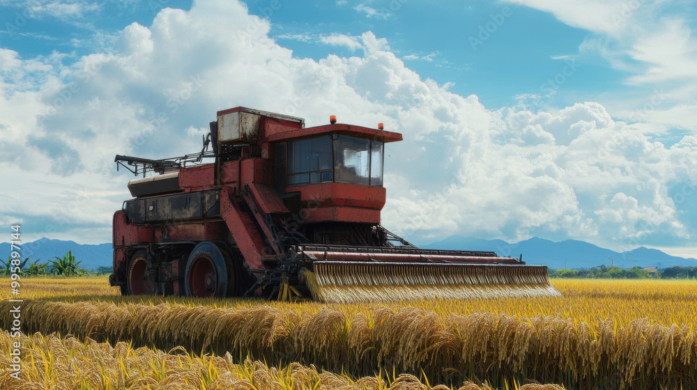 combine harvester in rice field under blue sky with clouds, showcasing agricultural machinery at work. vibrant yellow rice contrasts beautifully with red machine combine harvester in rice field under blue sky with clouds, showcasing agricultural machinery at work. vibrant yellow rice contrasts beautifully with red machine