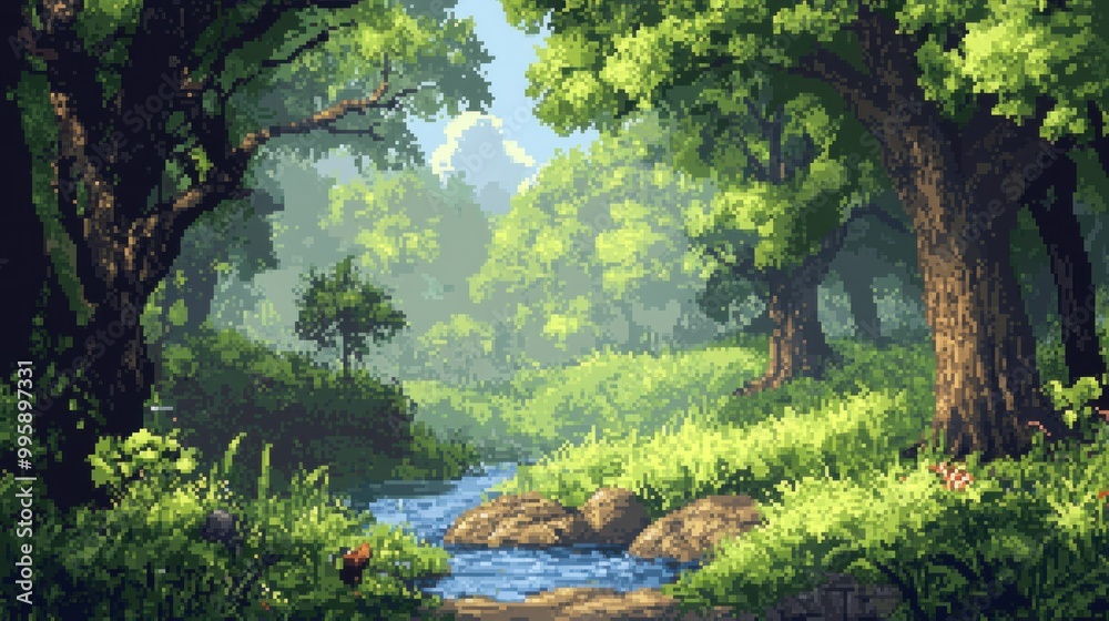 Pixelated Stream Flowing Through a Lush Green Forest Pixelated Stream Flowing Through a Lush Green Forest