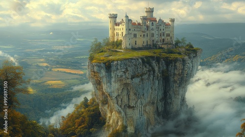 A majestic castle perched on a rocky cliff surrounded by clouds.