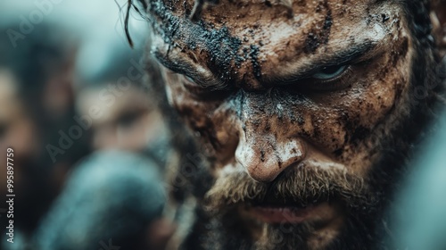 A crowded scene with many blurred faces, focusing on a single man who looks determined and serious. The atmosphere suggests intensity and focus amidst chaos.