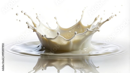 Milk is splashing, creating a crown shape with drops over a white background