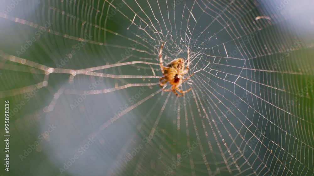 Spider in the center of the spider silk sways in the wind. Filming in the forest. Spider in the center of the spider silk sways in the wind. Filming in the forest.