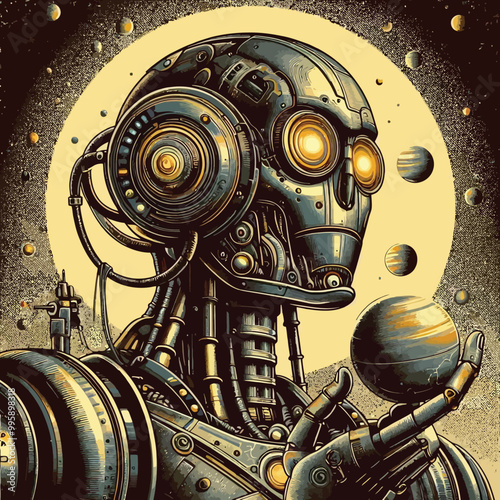 space-age robot with vintage metallic textures illusration