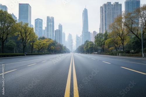 Empty asphalt road through modern city in Shanghai,China, Generative AI