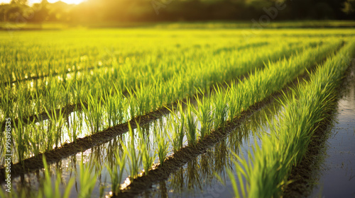 Lush green rice fields reflect golden sunlight, showcasing beauty of agricultural landscapes. vibrant growth of rice plants in waterlogged rows highlights importance of technology in modern farming photo