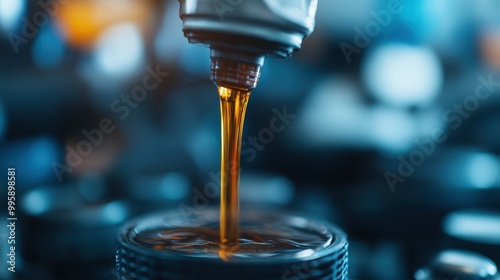 Golden engine oil is being poured into a car engine during a maintenance service, highlighting the crucial role of proper lubrication in ensuring the smooth operation and longevity of a vehicle.