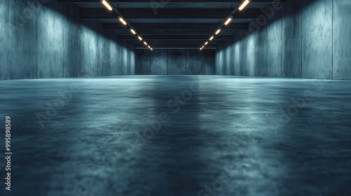 A vast and empty concrete underground parking garage with dim lighting and a sense of solitude, capturing a minimalist and industrial atmosphere during night time.