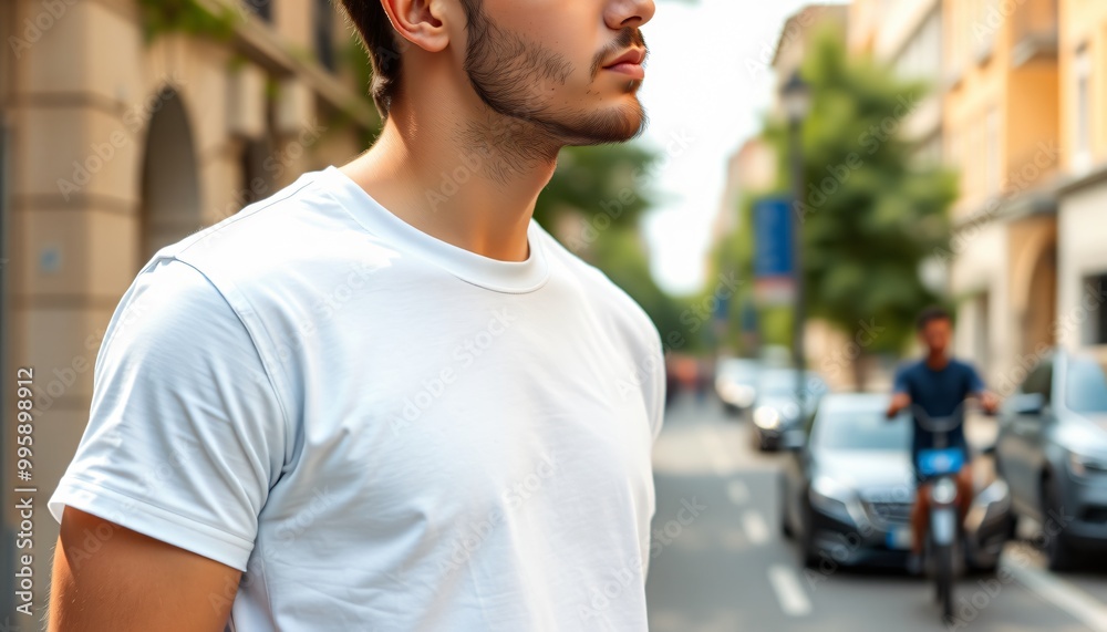 Young Model Shirt Mockup, Boy wearing white t-shirt on street in daylight, Shirt Mockup Template on hipster adult for design print, Male guy wearing casual t-shirt mockup placement. Young Model Shirt Mockup, Boy wearing white t-shirt on street in daylight, Shirt Mockup Template on hipster adult for design print, Male guy wearing casual t-shirt mockup placement.