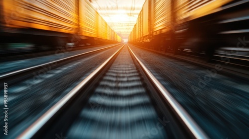 A mesmerizing photo capturing the dynamic movement of trains at sunset, highlighting the golden hues and motion blur that gives a sense of speed and time passing. photo