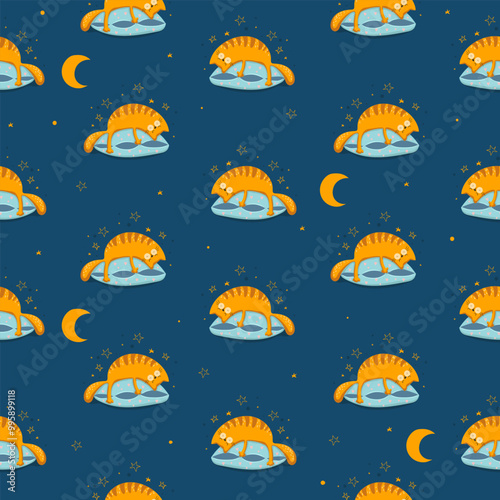 Seamless pattern with cute yellow cats sleeping on a blue pillow. Funny childish texture in flat style, perfect for fabric, textile, wallpaper, wrapping paper, cover and other.