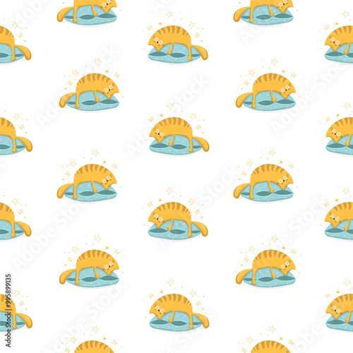 Seamless pattern with cute yellow cats sleeping on a blue pillow. Funny childish texture in flat style, perfect for fabric, textile, wallpaper, wrapping paper, cover and other.