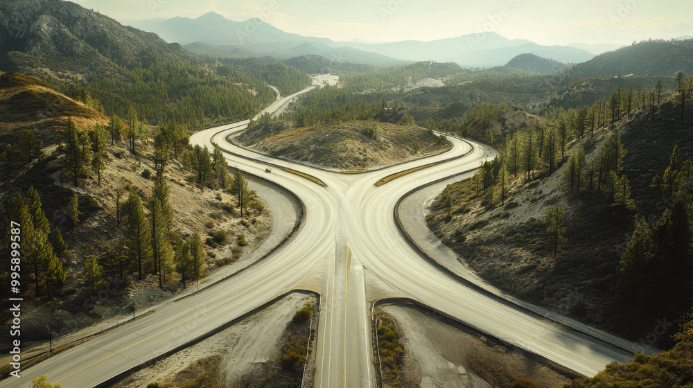 scenic view of divided highway intersection surrounded by mountains and ...
