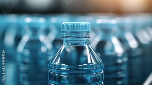 A focused shot on a single water bottle amongst rows of plastic water bottles, highlighting consumer products and cleanliness with an emphasis on hydration and daily essentials. photo