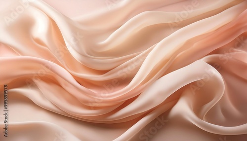 Soft flowing fabric with gentle peach and cream tones, featuring elegant sheer drapes in a serene abstract background. Luxurious silky textures and subtle light effects enhance the delicate, tranquil