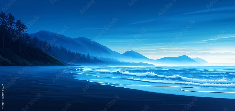 A serene and tranquil coastal landscape during twilight with calm waves and misty mountains in the background, perfect for meditation and relaxation.