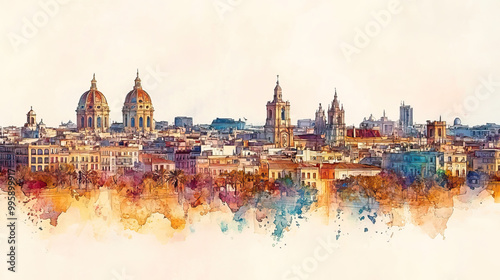 Valencia, Spain, color pen pencil hand-drawn effect drawing illustration for travel poster, card, wallpaper, backdrop or banner. Modern, clear, artistic and simple