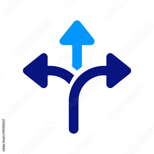 Three arrow road direction icon, blue shades, simplified and modern design, transport and direction theme, clear and easy to understand visual.