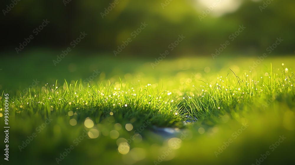 Fototapeta premium Close-up of dewy grass in morning sunlight, creating a serene and fresh nature landscape with blurred background.