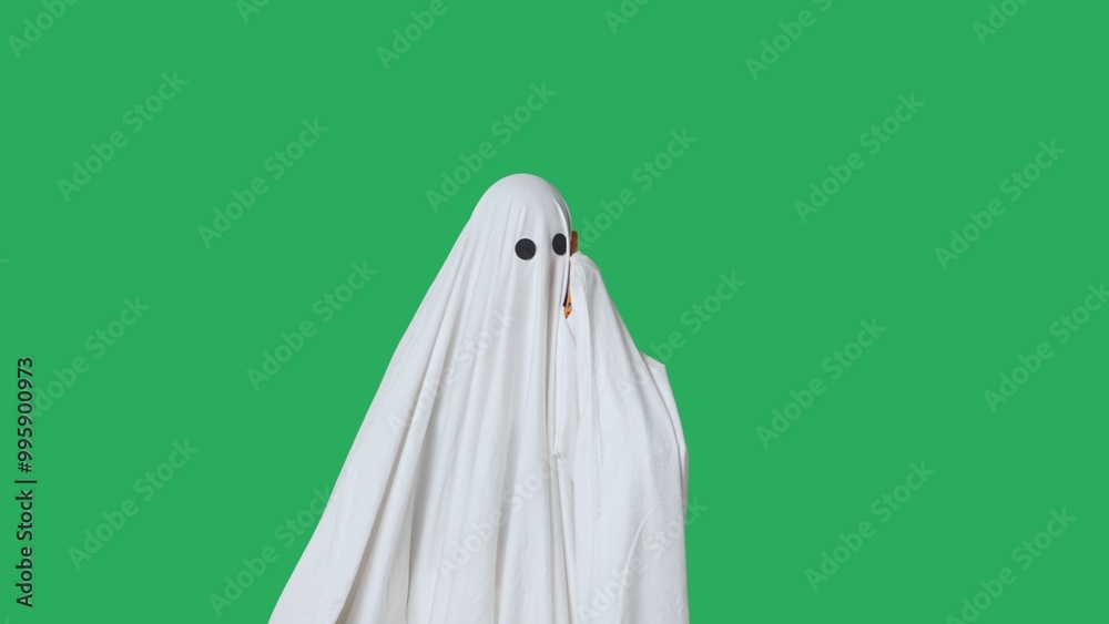 Funny halloween ghost in white sheet talking on smartphone angry expression, isolated on chroma key green screen background. Happy halloween spooky concept. Funny halloween ghost in white sheet talking on smartphone angry expression, isolated on chroma key green screen background. Happy halloween spooky concept.
