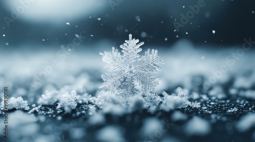 A stunning, macro image of a delicate snowflake resting on a snow-covered surface, capturing the intricate details and unique structure of the ice crystal in a wintry scene. photo