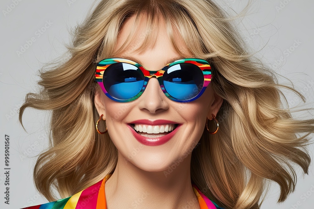 Joyful Blonde Woman in Fun Sunglasses Embracing Vibrant 1970s Style Joyful Blonde Woman in Fun Sunglasses Embracing Vibrant 1970s Style