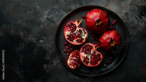 Above: a dark platter with moody dramatic pomegranates that have just been gathered, sliced, and ready to be eaten.