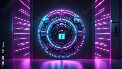 Obraz na płótnie A futuristic, glowing, neon-lit vault door with a padlock in the center. w salonie