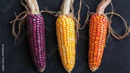 This image displays three corn cobs in purple, yellow, and orange colors against a black slate, emphasizing the variety and vibrancy achieved in modern farming techniques. photo