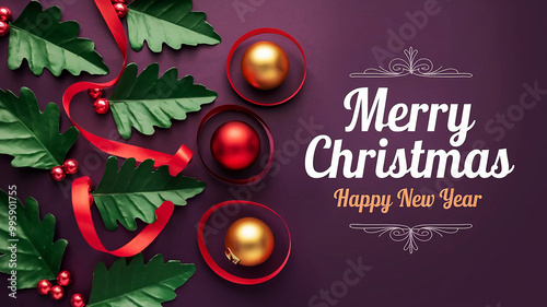 A modern design of a Merry Christmas and Happy New Year card with Christmas balls and green tree leaves on a purple background