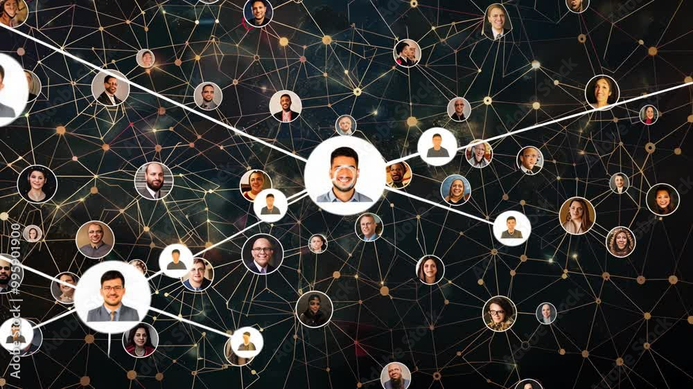 A complex network of connections is shown with a person's face at each point, showing a dense social structure