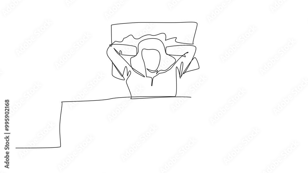 Animation of a single one line drawing of a woman sleeping covered with a blanket with hands placed behind head. Energy saving mode. Tired. Sleep well. Dreaming. World Sleep Day. Full length motion Animation of a single one line drawing of a woman sleeping covered with a blanket with hands placed behind head. Energy saving mode. Tired. Sleep well. Dreaming. World Sleep Day. Full length motion