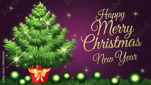 A festive Christmas and New Year card design large green Christmas tree with sparkling Christmas balls "Happy Merry Christmas" and "New Year" is written in gold cursive script on purple background