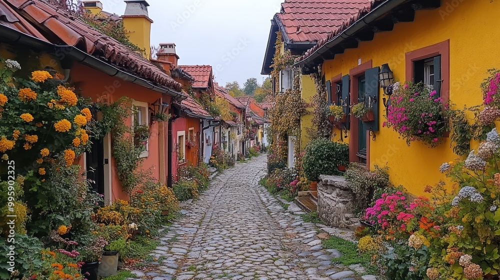 Charming cobblestone street lined with colorful houses and flowers. Charming cobblestone street lined with colorful houses and flowers.
