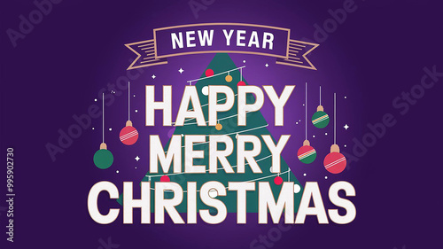 Merry Christmas decoration with a green tree, Christmas balls, and the text "Happy Merry Christmas" on purple background