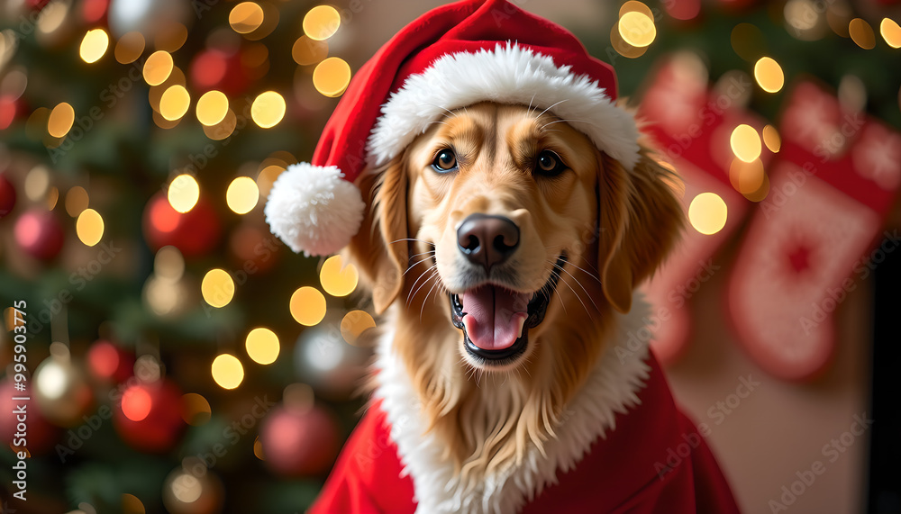 Golden Retriever in Festive Santa Claus Costume Surrounded by Twinkling Christmas Lights and Joyful Holiday Decorations Golden Retriever in Festive Santa Claus Costume Surrounded by Twinkling Christmas Lights and Joyful Holiday Decorations
