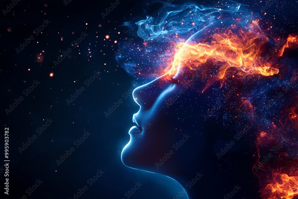 Silhouette of a woman's face illuminated with vibrant cosmic light and fiery elements against a dark background, symbolizing imagination and energy. Silhouette of a woman's face illuminated with vibrant cosmic light and fiery elements against a dark background, symbolizing imagination and energy.