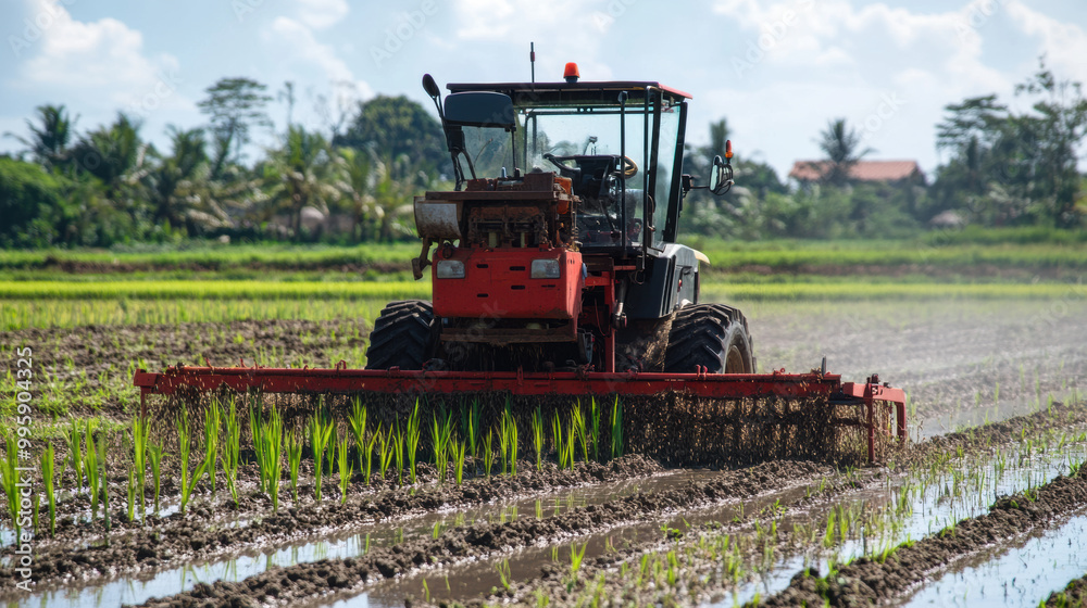 Rice planter machine working in lush green rice field, efficiently planting seeds in rows. vibrant landscape showcases agricultural productivity and modern farming techniques Rice planter machine working in lush green rice field, efficiently planting seeds in rows. vibrant landscape showcases agricultural productivity and modern farming techniques