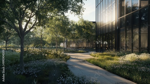 A Stone Pathway Through a Lush Garden Towards a Modern Glass Building