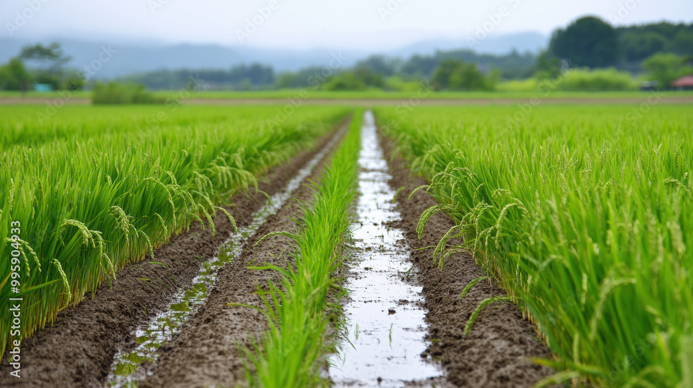 Lush green rice plants grow in neat rows, separated by water filled channels, showcasing beauty of agricultural landscapes. serene environment evokes sense of tranquility and harmony with nature Lush green rice plants grow in neat rows, separated by water filled channels, showcasing beauty of agricultural landscapes. serene environment evokes sense of tranquility and harmony with nature