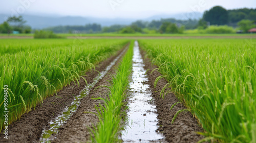 Lush green rice plants grow in neat rows, separated by water filled channels, showcasing beauty of agricultural landscapes. serene environment evokes sense of tranquility and harmony with nature