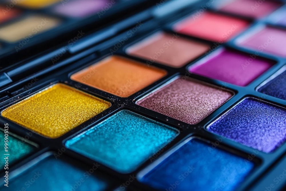 Multi colored makeup palette featuring a gradient of vibrant orange blue and yellow tones in square pans ideal for creative and bold eye makeup looks displayed in professional lighting Multi colored makeup palette featuring a gradient of vibrant orange blue and yellow tones in square pans ideal for creative and bold eye makeup looks displayed in professional lighting