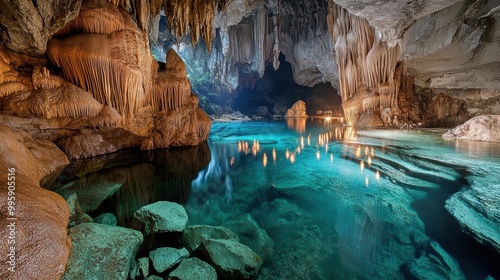 Tranquil Cave with Crystal-Clear Underground Lake and Colorful Lights Reflecting from Beneath the Surface