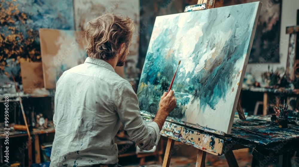 Talented artist painting in studio, using paint brush creates modern masterpiece Talented artist painting in studio, using paint brush creates modern masterpiece