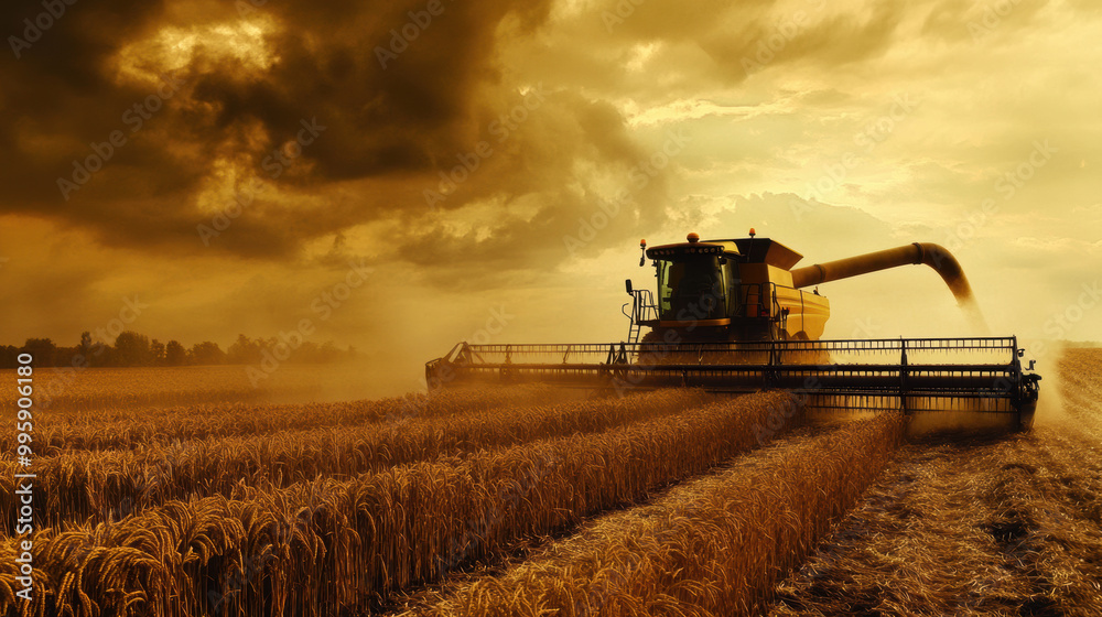 Harvesting rice in golden field with combine harvester under dramatic skies creates powerful and industrious scene. atmosphere is filled with essence of agriculture and hard work Harvesting rice in golden field with combine harvester under dramatic skies creates powerful and industrious scene. atmosphere is filled with essence of agriculture and hard work