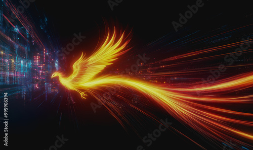 Phoenix Fiery bird ablaze with bright flames, soaring through dark space, radiating energy and rebirth