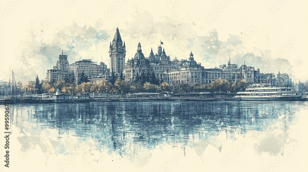 Fototapeta premium Victoria, color pen pencil hand-drawn effect drawing illustration for travel poster, card, wallpaper, backdrop or banner. Modern, clear, artistic and simple