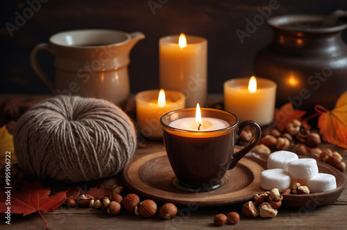 A cozy autumn composition with knitting, candles and a hot drink